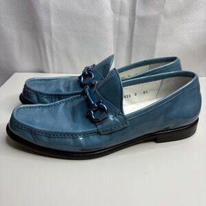 Salvatore Ferragamo Women Blue Patent Leather Mason Gancio Bit Loafers Size 8.5